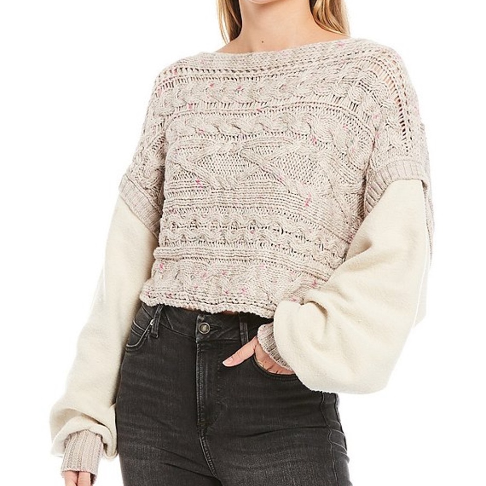 Free People Honey Cable Knit Mixed Media Pullover